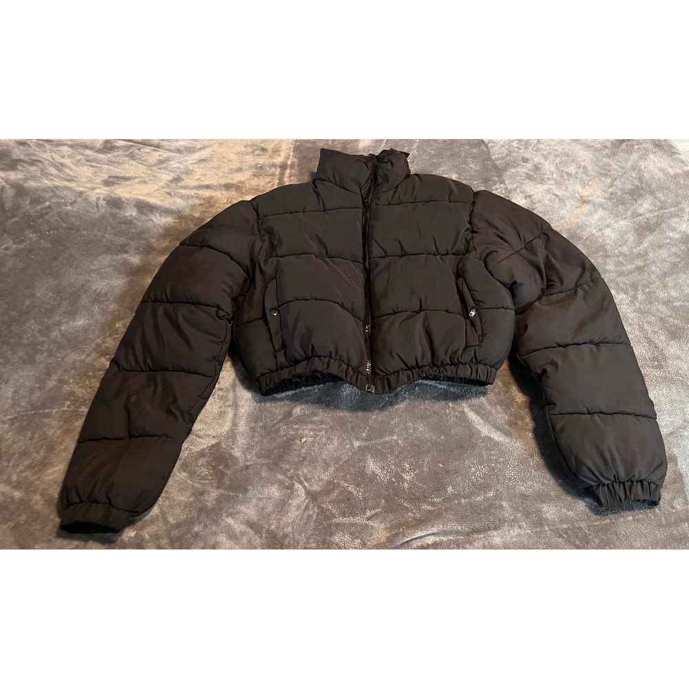 PrettyLittleThing Womens Black Cropped Puffer Jacket Zip Up Funnel Neck L NWT